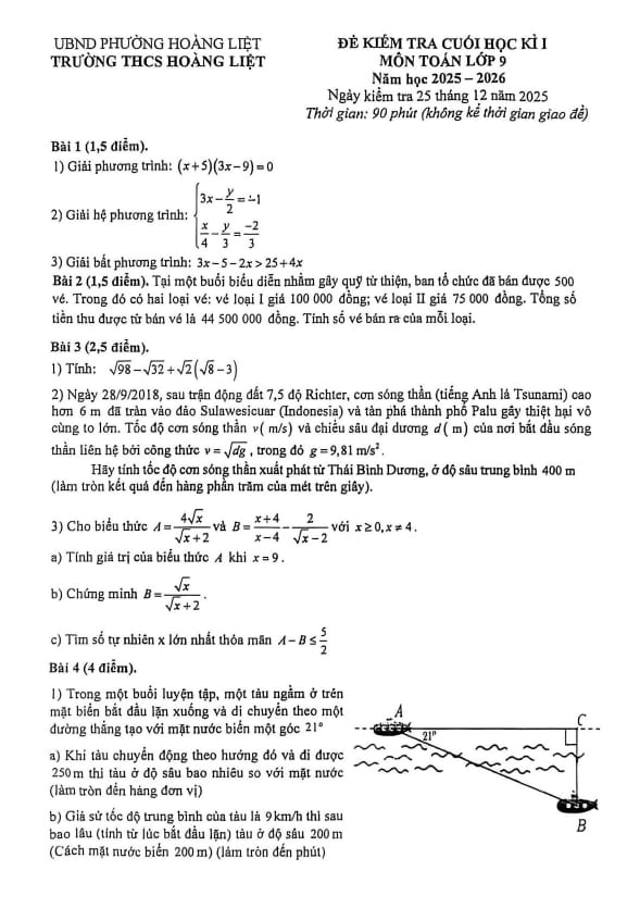 đề cuối học kì 1 toán 9 năm 2025 – 2026 trường thcs hoàng liệt – hà nội