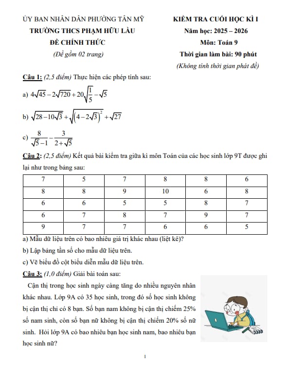 đề cuối học kì 1 toán 9 năm 2025 – 2026 trường thcs phạm hữu lầu – tp hcm