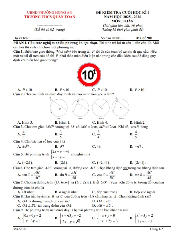 đề cuối học kì 1 toán 9 năm 2025 – 2026 trường thcs quán toan – hải phòng