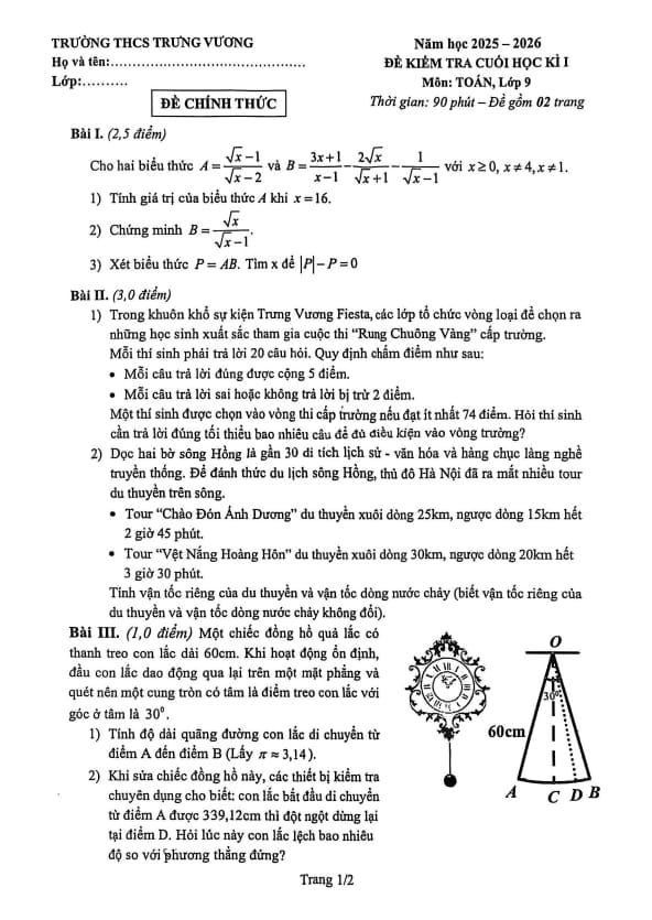 Tài liệu đề cuối học kì 1 toán 9 năm 2025 – 2026 trường thcs trưng vương – hà nội