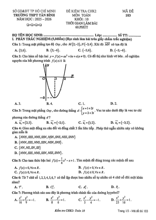 Tài liệu đề cuối học kì 2 toán 10 năm 2025 – 2026 trường thpt tân bình – tp hcm