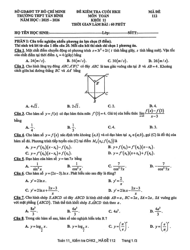đề cuối học kì 2 toán 11 năm 2025 – 2026 trường thpt tân bình – tp hcm
