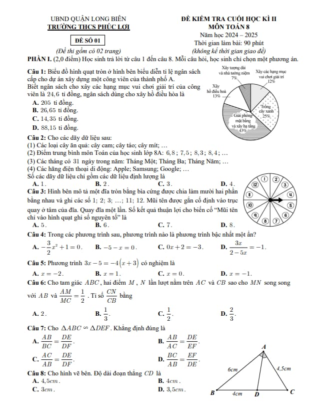 đề cuối học kì 2 toán 8 năm 2024 – 2025 trường thcs phúc lợi – hà nội