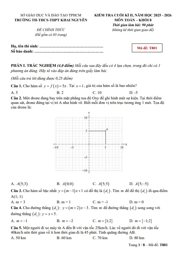 đề cuối học kì 2 toán 8 năm 2025 – 2026 trường khai nguyên – tp hcm
