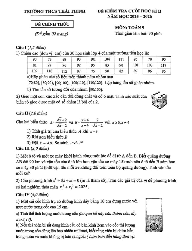 đề cuối học kì 2 toán 9 năm 2025 – 2026 trường thcs thái thịnh – hà nội
