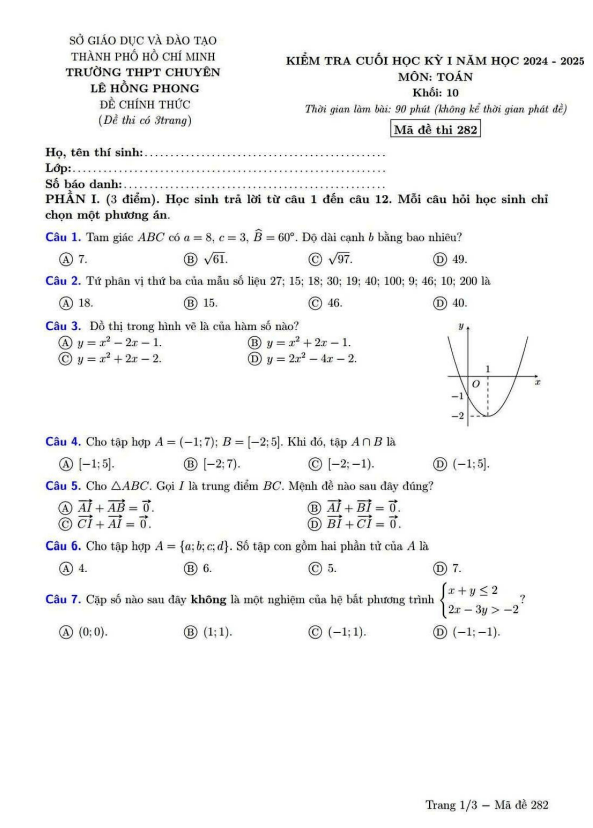 đề cuối học kỳ 1 toán 10 năm 2024 – 2025 trường chuyên lê hồng phong – tp hcm