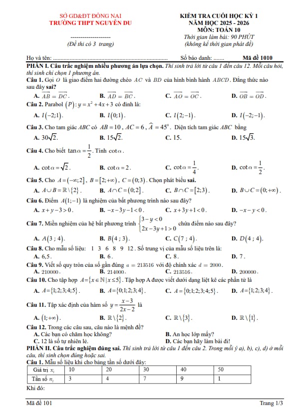 đề cuối học kỳ 1 toán 10 năm 2025 – 2026 trường thpt nguyễn du – đồng nai