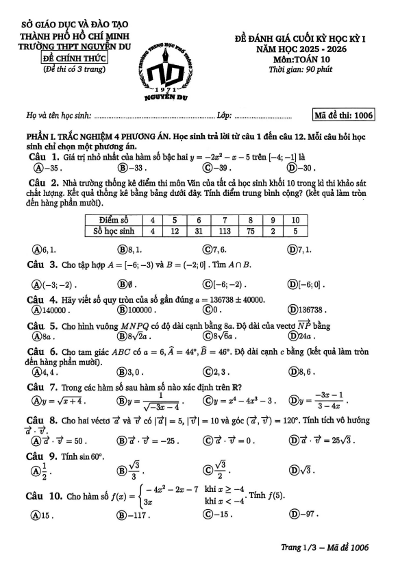 đề cuối học kỳ 1 toán 10 năm 2025 – 2026 trường thpt nguyễn du – tp hcm