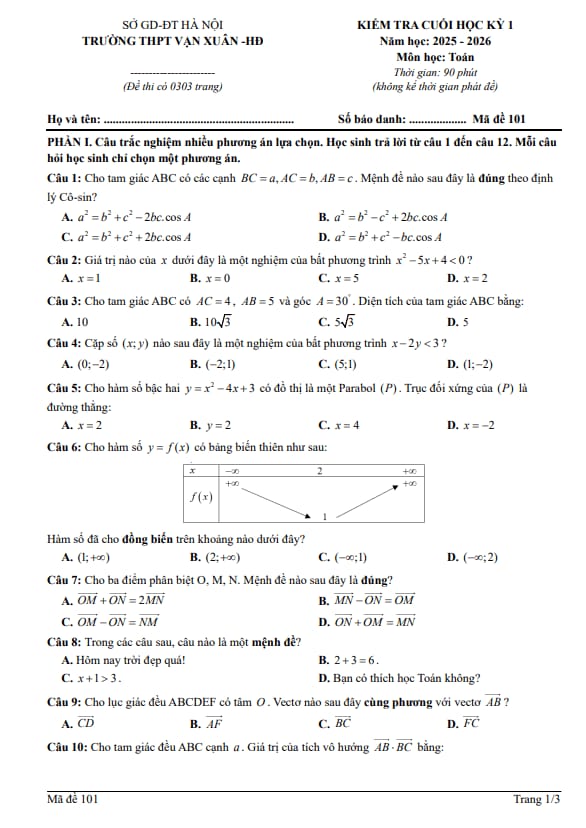 đề cuối học kỳ 1 toán 10 năm 2025 – 2026 trường thpt vạn xuân – hà nội