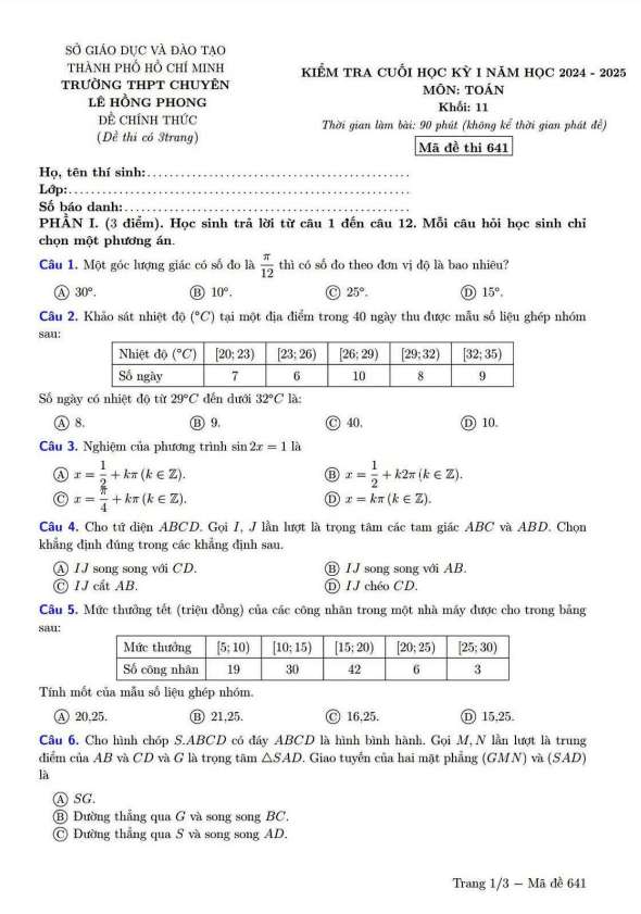 đề cuối học kỳ 1 toán 11 năm 2024 – 2025 trường chuyên lê hồng phong – tp hcm