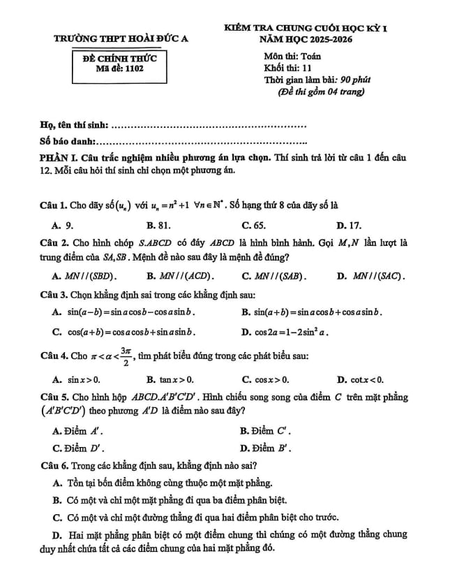 đề cuối học kỳ 1 toán 11 năm 2025 – 2026 trường thpt hoài đức a – hà nội