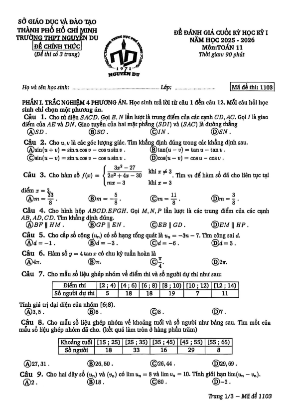 đề cuối học kỳ 1 toán 11 năm 2025 – 2026 trường thpt nguyễn du – tp hcm