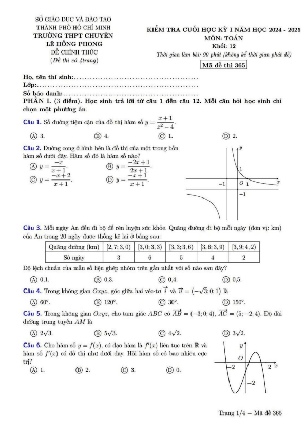 đề cuối học kỳ 1 toán 12 năm 2024 – 2025 trường chuyên lê hồng phong – tp hcm