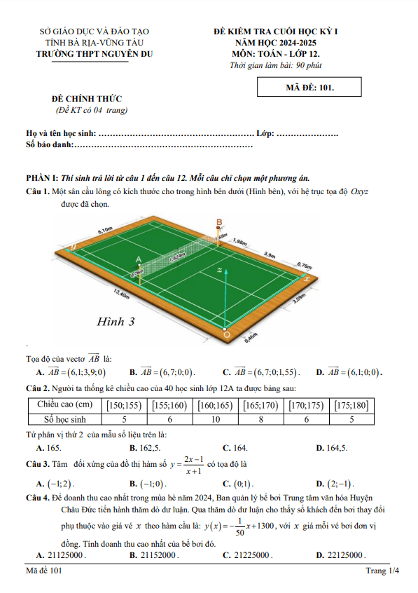 đề cuối học kỳ 1 toán 12 năm 2024 – 2025 trường thpt nguyễn du – br vt