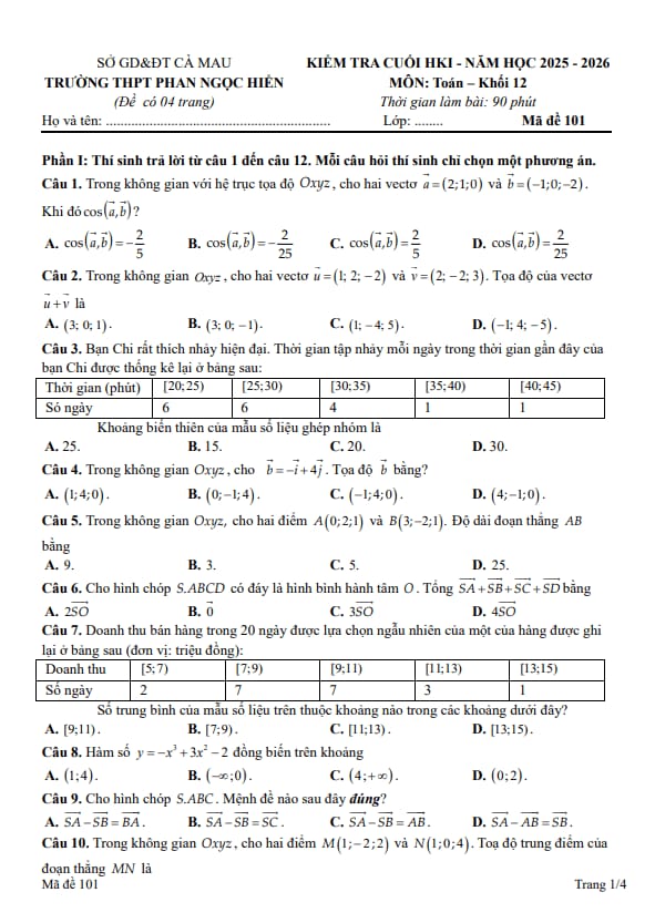 Tài liệu đề cuối học kỳ 1 toán 12 năm 2025 – 2026 trường thpt phan ngọc hiển – cà mau
