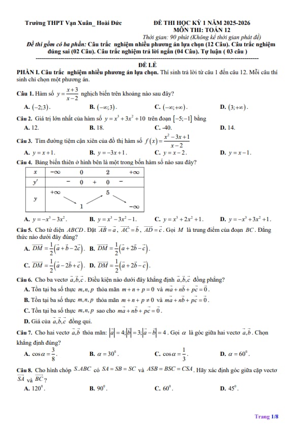 Tài liệu đề cuối học kỳ 1 toán 12 năm 2025 – 2026 trường thpt vạn xuân – hà nội