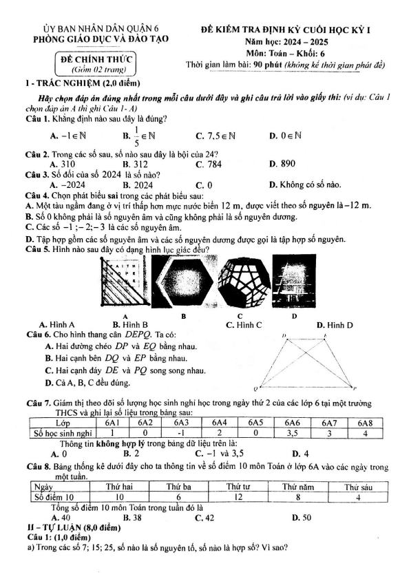 đề cuối học kỳ 1 toán 6 năm 2024 – 2025 phòng gd&đt quận 6 – tp hcm