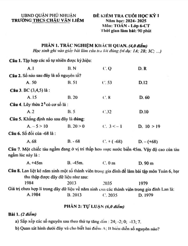 đề cuối học kỳ 1 toán 6 năm 2024 – 2025 trường thcs châu văn liêm – tp hcm