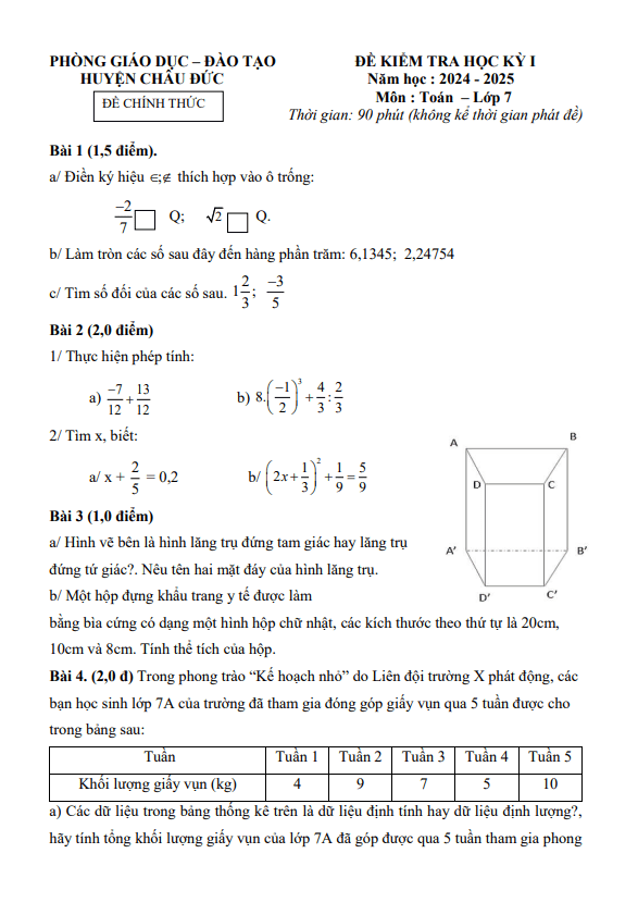 đề cuối học kỳ 1 toán 7 năm 2024 – 2025 phòng gd&đt châu đức – br vt