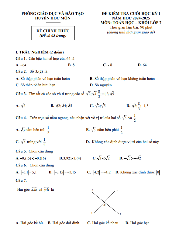 đề cuối học kỳ 1 toán 7 năm 2024 – 2025 phòng gd&đt hóc môn – tp hcm