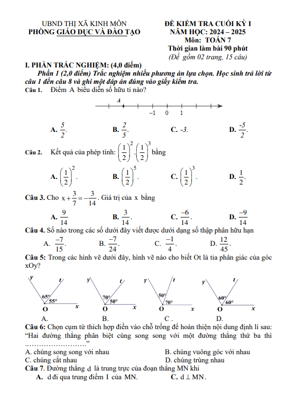 đề cuối học kỳ 1 toán 7 năm 2024 – 2025 phòng gd&đt kinh môn – hải dương