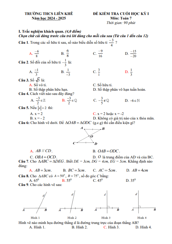 đề cuối học kỳ 1 toán 7 năm 2024 – 2025 trường thcs liên khê – hải phòng