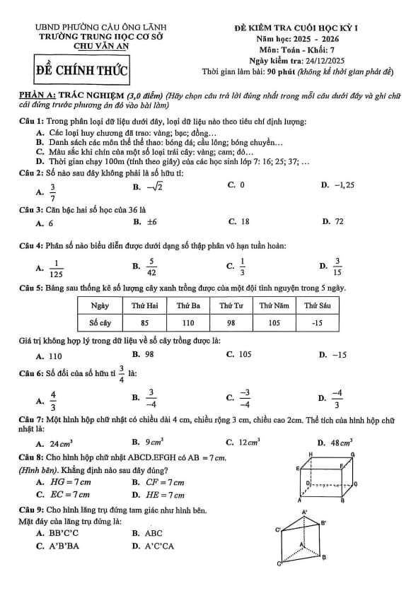 đề cuối học kỳ 1 toán 7 năm 2025 – 2026 trường thcs chu văn an – tp hcm