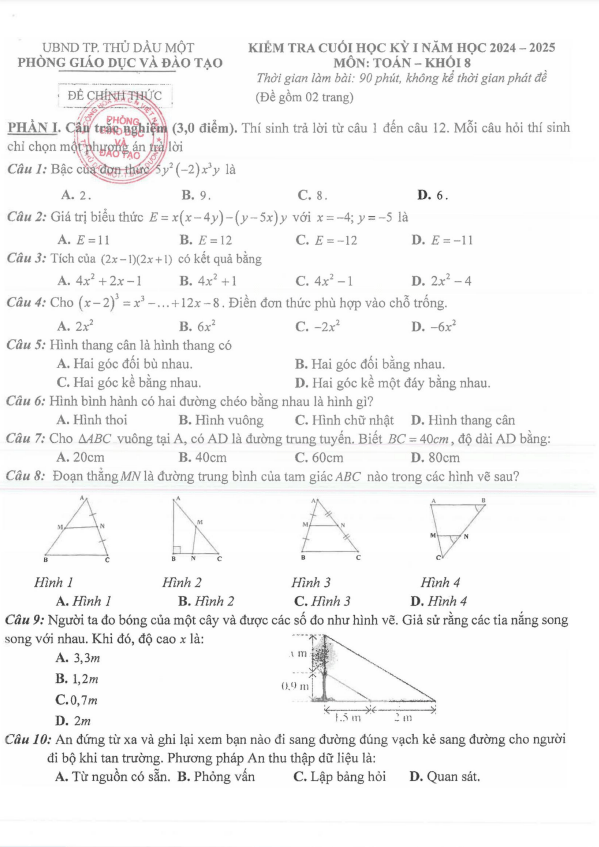 đề cuối học kỳ 1 toán 8 năm 2024 – 2025 phòng gd&đt thủ dầu một – bình dương