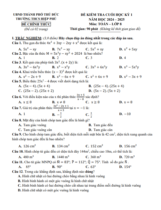 đề cuối học kỳ 1 toán 8 năm 2024 – 2025 trường thcs hiệp phú – tp hcm