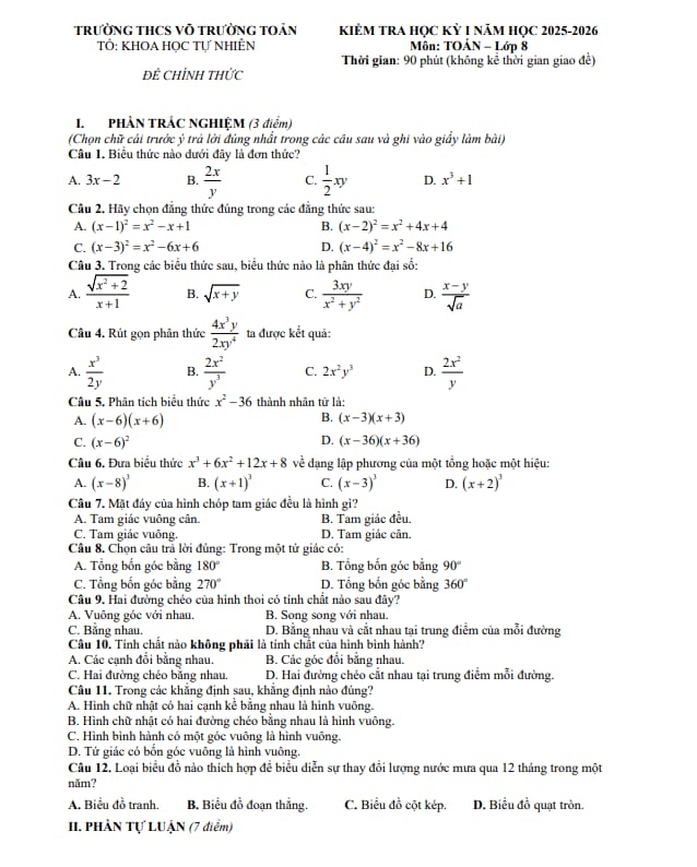đề cuối học kỳ 1 toán 8 năm 2025 – 2026 trường thcs võ trường toản – tp hcm