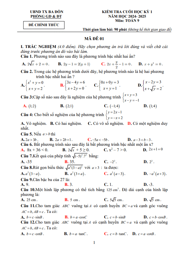 đề cuối học kỳ 1 toán 9 năm 2024 – 2025 phòng gd&đt ba đồn – quảng bình