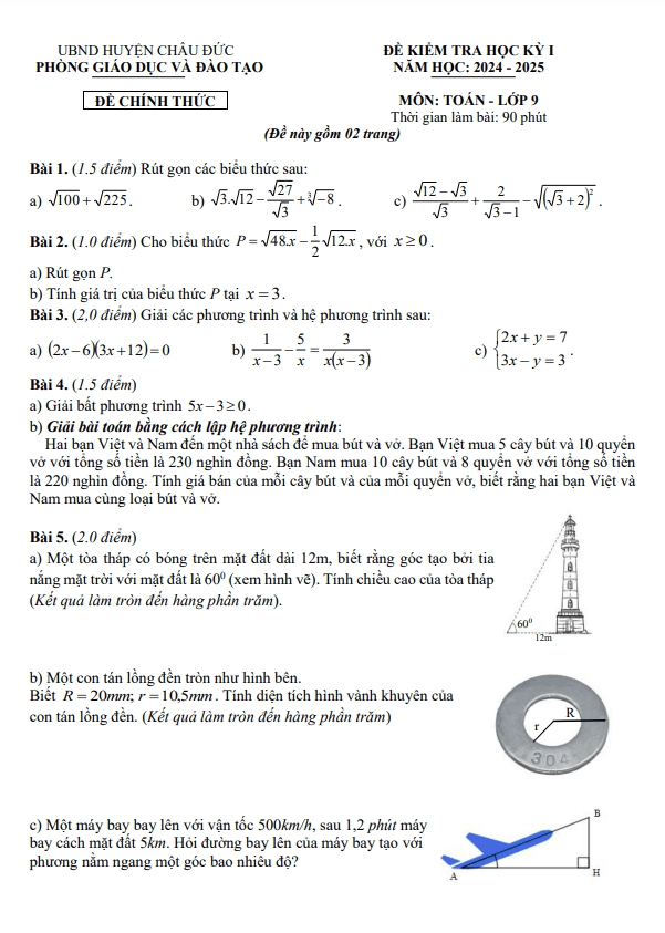 đề cuối học kỳ 1 toán 9 năm 2024 – 2025 phòng gd&đt châu đức – br vt