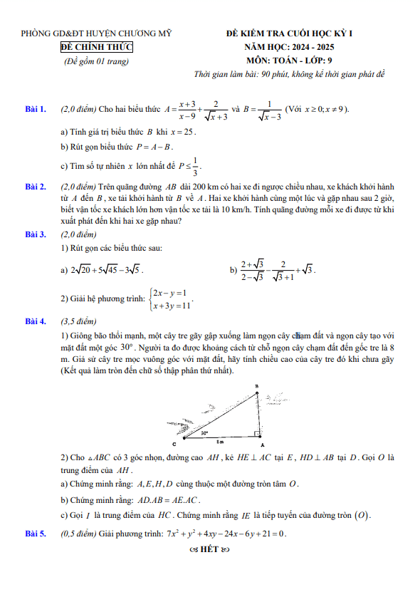 đề cuối học kỳ 1 toán 9 năm 2024 – 2025 phòng gd&đt chương mỹ – hà nội