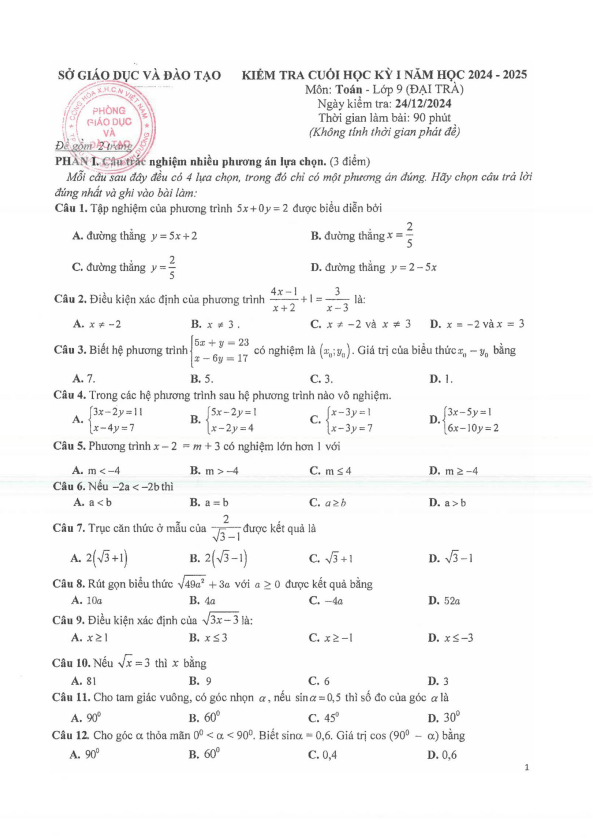 đề cuối học kỳ 1 toán 9 năm 2024 – 2025 sở gd&đt bình dương