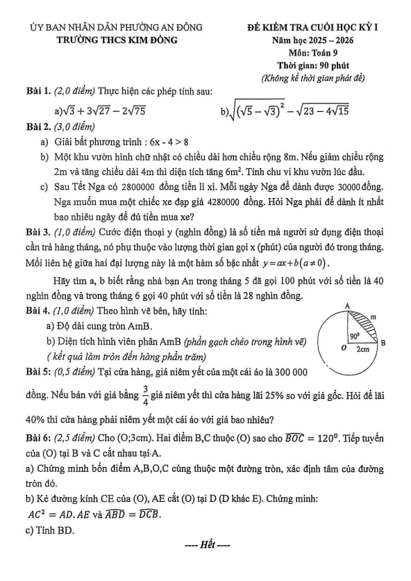 đề cuối học kỳ 1 toán 9 năm 2025 – 2026 trường thcs kim đồng – tp hcm