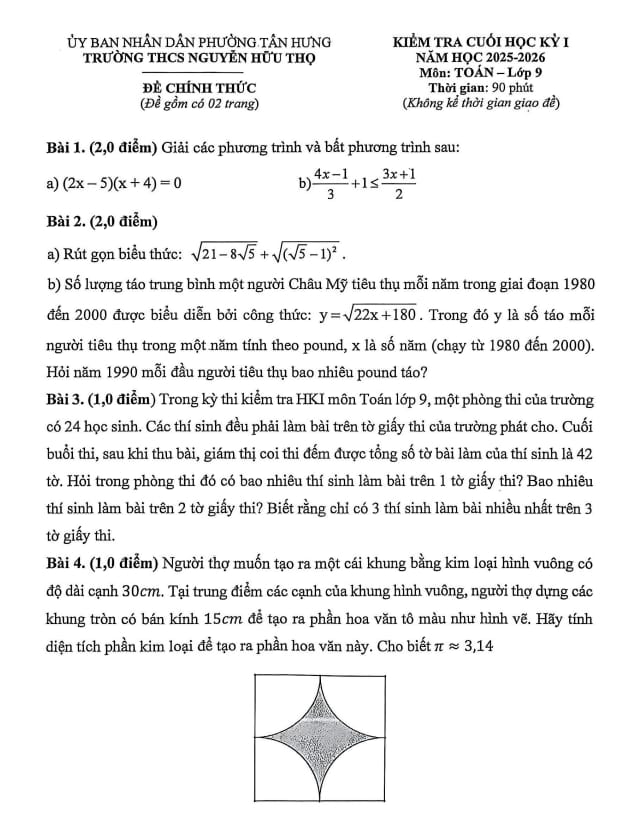 đề cuối học kỳ 1 toán 9 năm 2025 – 2026 trường thcs nguyễn hữu thọ – tp hcm