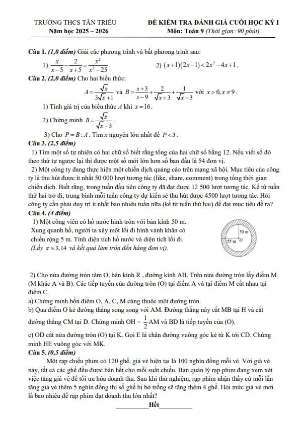 đề cuối học kỳ 1 toán 9 năm 2025 – 2026 trường thcs tân triều – hà nội