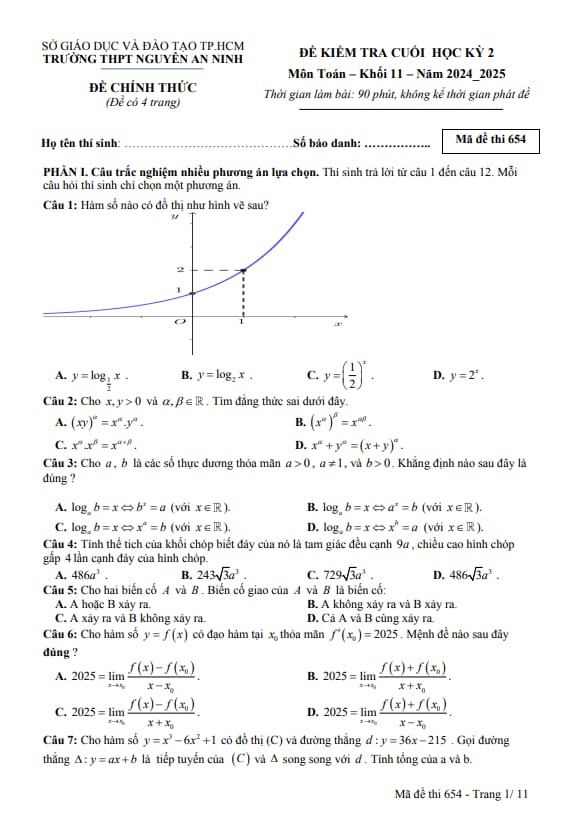 đề cuối học kỳ 2 toán 11 năm 2024 – 2025 trường thpt nguyễn an ninh – tp hcm