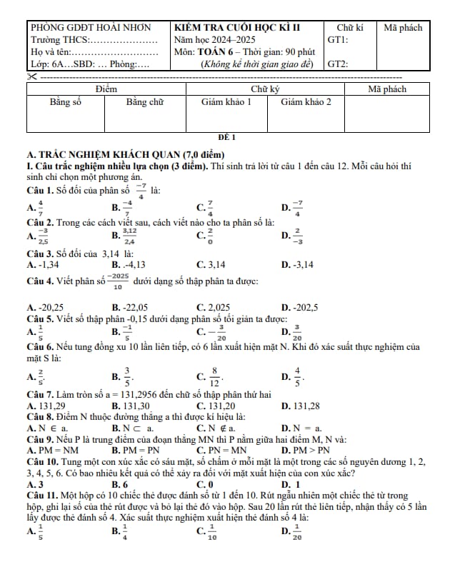 đề cuối học kỳ 2 toán 6 năm 2024 – 2025 phòng gd&đt hoài nhơn – bình định