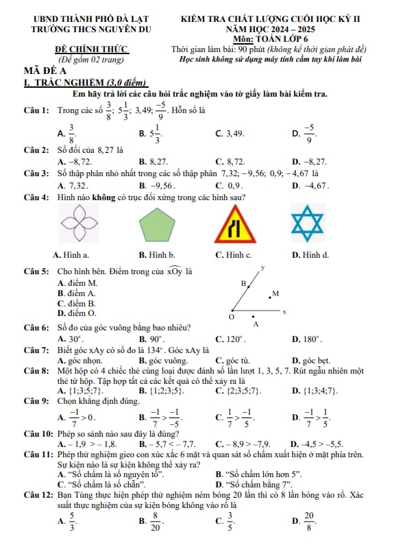 đề cuối học kỳ 2 toán 6 năm 2024 – 2025 trường thcs nguyễn du – lâm đồng