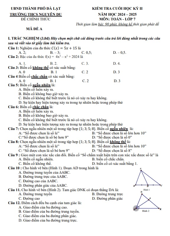 đề cuối học kỳ 2 toán 7 năm 2024 – 2025 trường thcs nguyễn du – lâm đồng