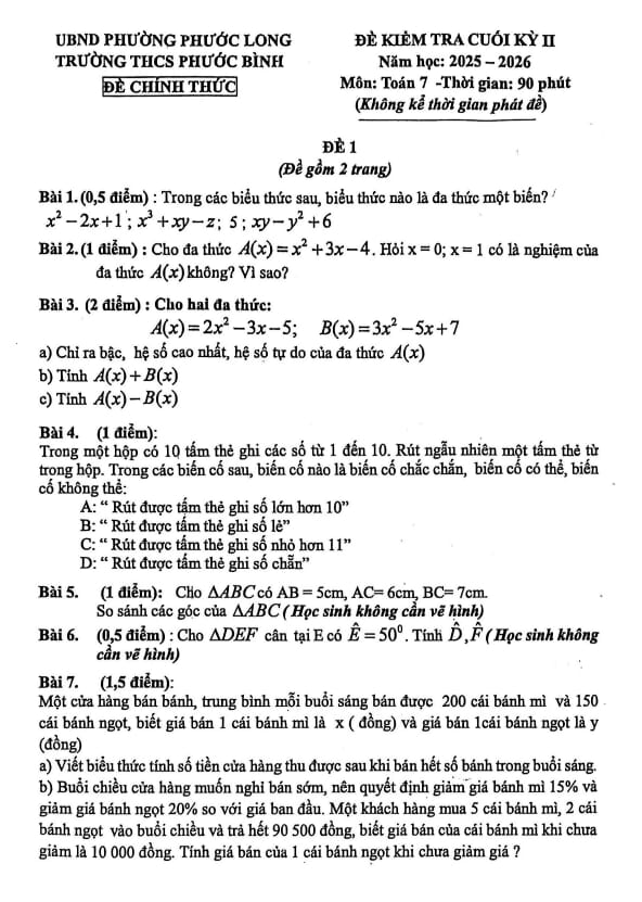đề cuối học kỳ 2 toán 7 năm 2025 – 2026 trường thcs phước bình – tp hcm