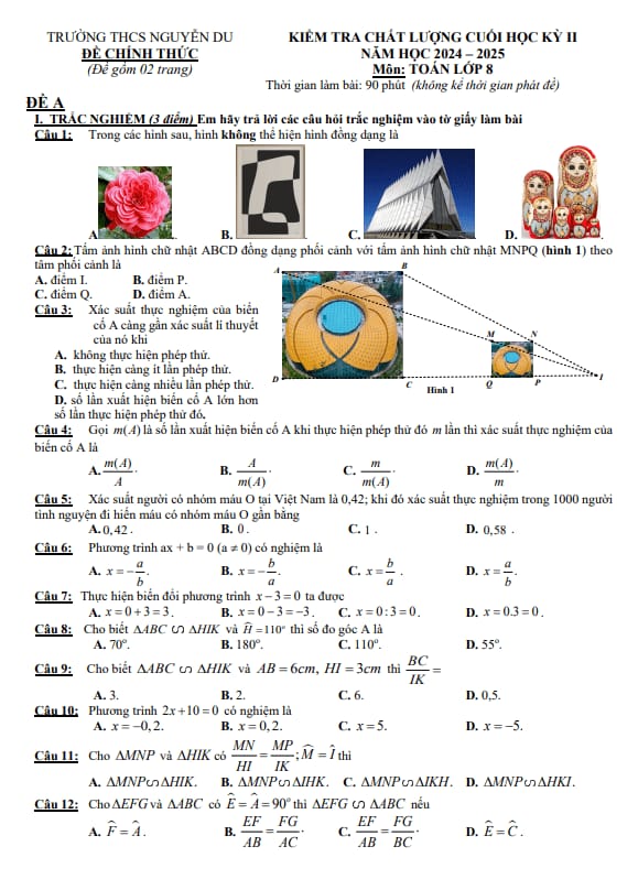 đề cuối học kỳ 2 toán 8 năm 2024 – 2025 trường thcs nguyễn du – lâm đồng