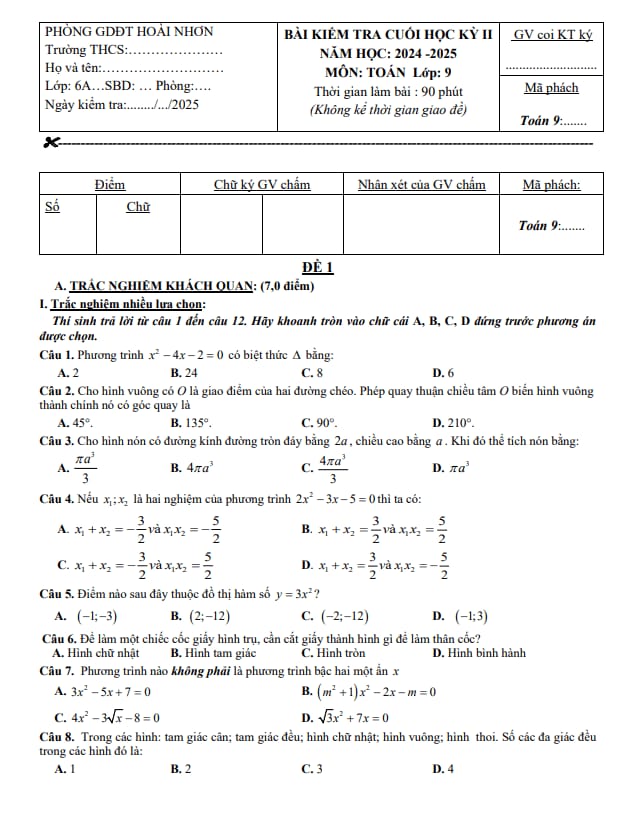 đề cuối học kỳ 2 toán 9 năm 2024 – 2025 phòng gd&đt hoài nhơn – bình định