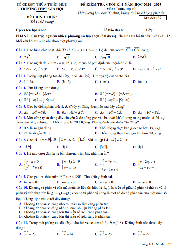 đề cuối kì 1 toán 10 năm 2024 – 2025 trường thpt gia hội – tt huế