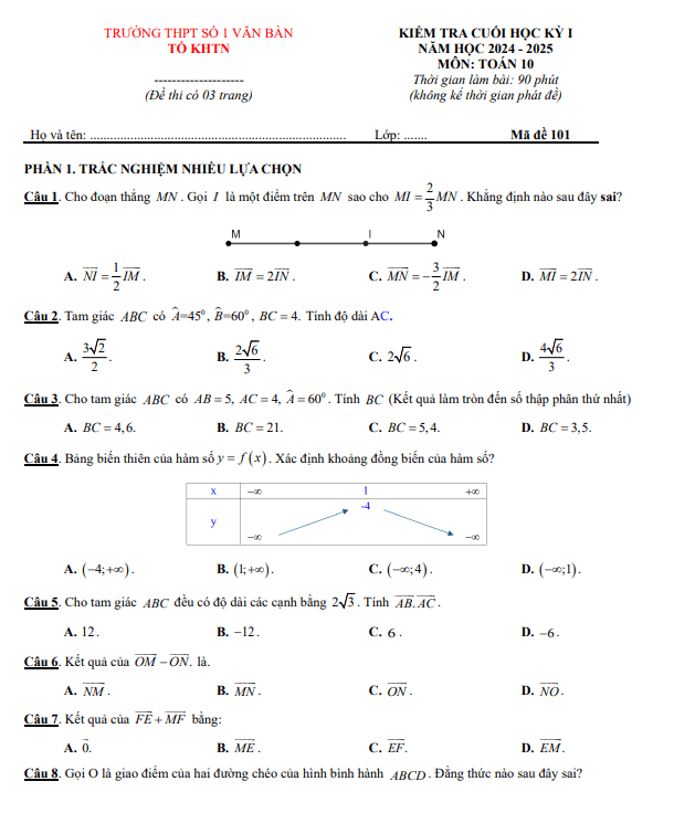 đề cuối kì 1 toán 10 năm 2024 – 2025 trường thpt văn bàn 1 – lào cai