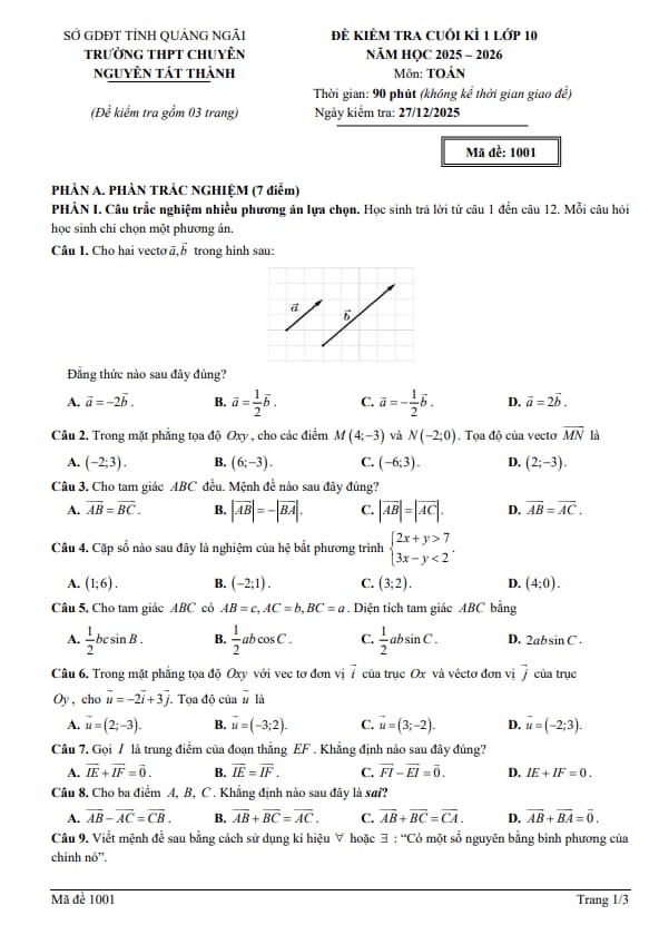 Tài liệu đề cuối kì 1 toán 10 năm 2025 – 2026 trường chuyên nguyễn tất thành – quảng ngãi