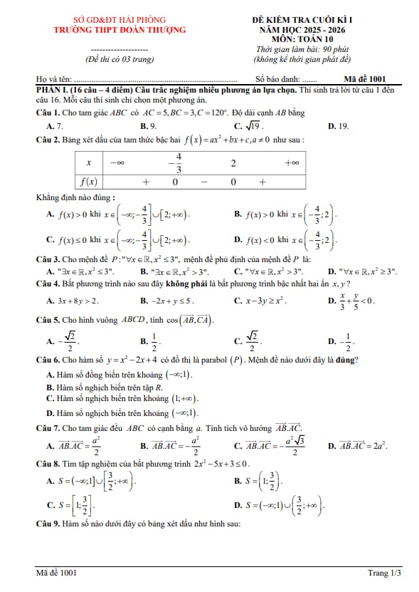 đề cuối kì 1 toán 10 năm 2025 – 2026 trường thpt đoàn thượng – hải phòng
