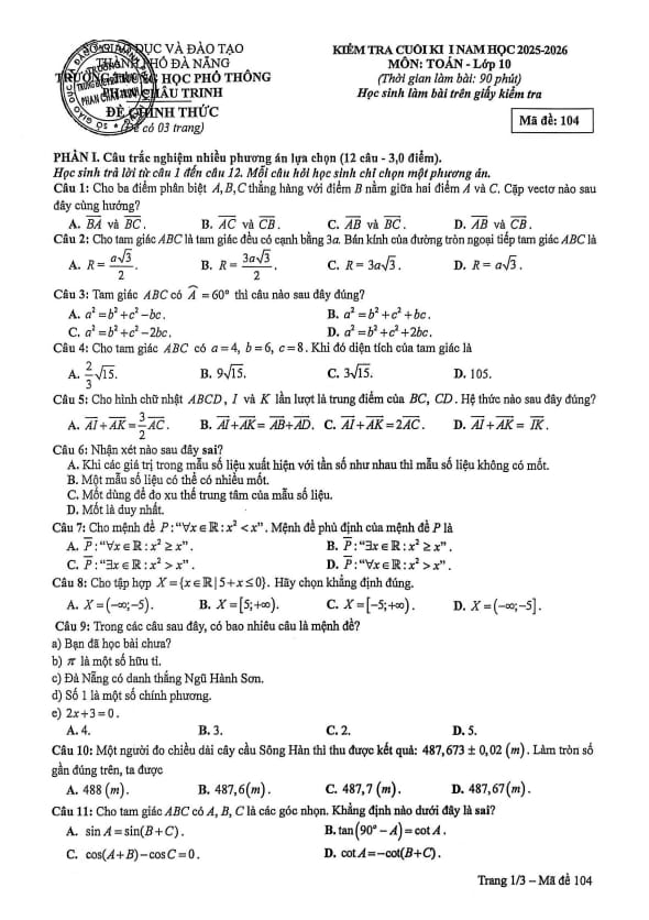 đề cuối kì 1 toán 10 năm 2025 – 2026 trường thpt phan châu trinh – đà nẵng