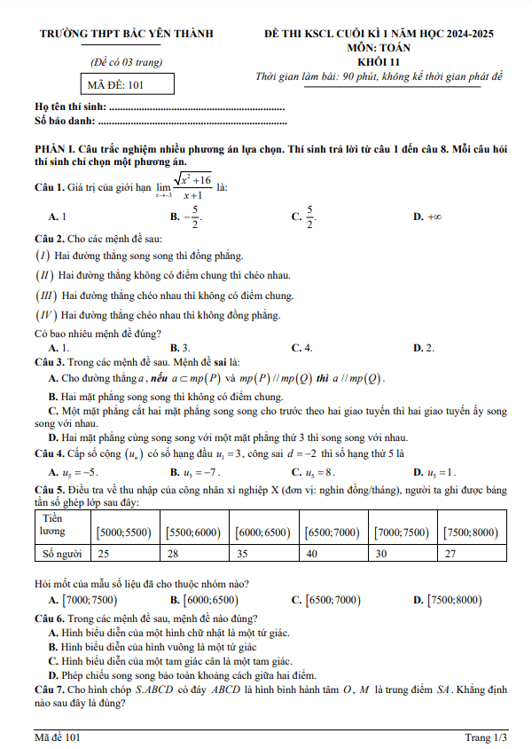 đề cuối kì 1 toán 11 năm 2024 – 2025 trường thpt bắc yên thành – nghệ an